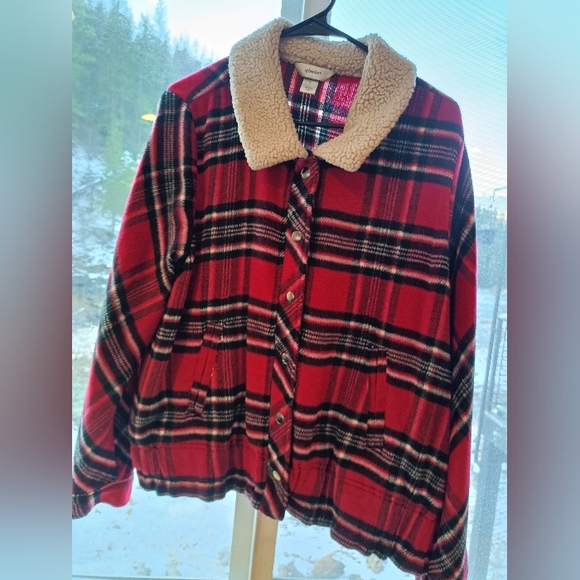 CJ Banks Jackets & Blazers - CJ Banks Red and Black Plaid Jacket with Sherpa Trim